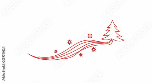 Minimalist red continuous line art illustration featuring a stylized Christmas tree with flowing wavy trails and decorative stars on a clean white background for holiday design.