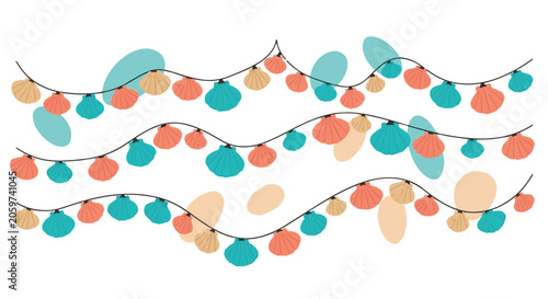 Vector illustration of seashell garlands featuring colorful scallop shells in teal, orange, and beige tones hanging on black wavy wires, coastal beach theme isolated on white background.
