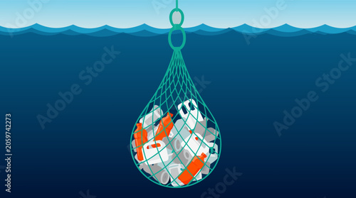 Foto Pollution in Ocean Concept Vector Illustration Showing Plastic Waste Collected i