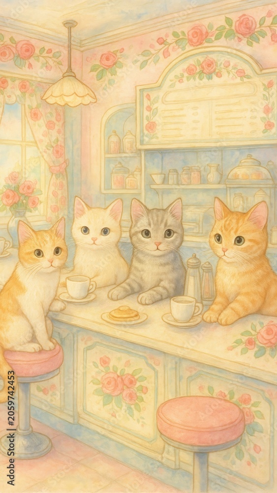 Fototapeta premium Charming pastel cats cafe mobile wallpaper