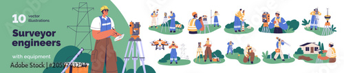 Surveyor engineers set. Geodesy workers with topography instruments and tools...