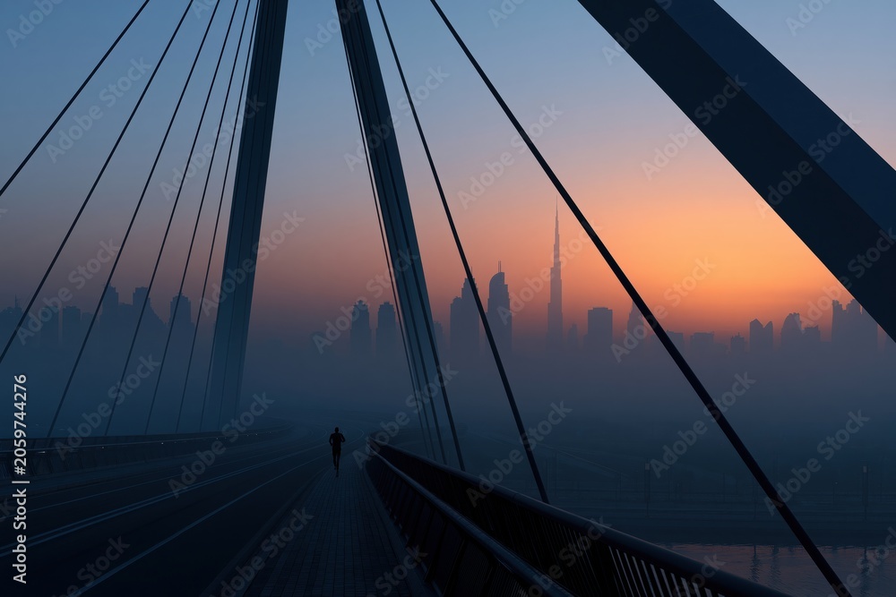 Obraz premium Runner on bridge at sunrise with Dubai skyline