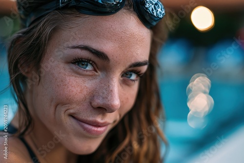 Female swimmer close up having a natural smile