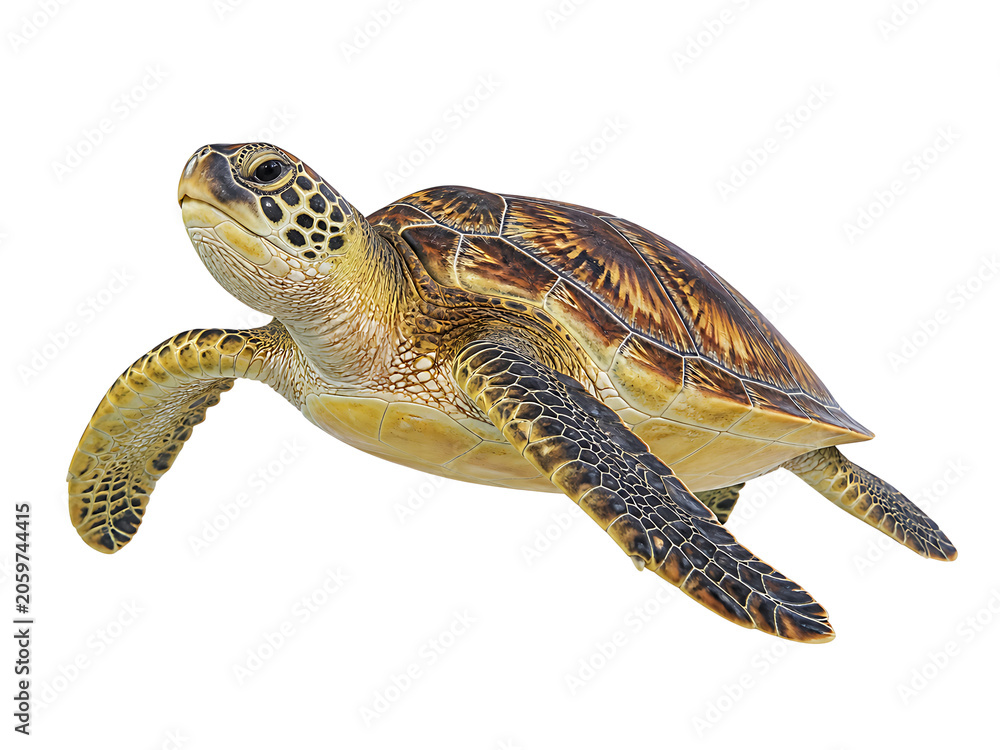 Fototapeta premium Sea turtle isolated on transparent background, a marine reptile with a brown shell