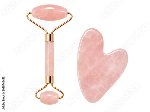 Fotografie Rose quartz facial roller and gua sha tool isolated on transparent background fo