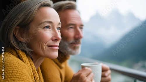 Mature caucasian couple enjoying coffee with mountain view
