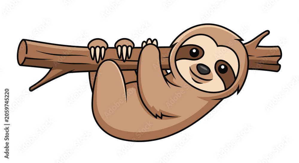 Obraz premium Smiling cartoon sloth clinging to wooden branch.
