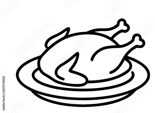 Roasted whole chicken served on plate dinner food line icon
