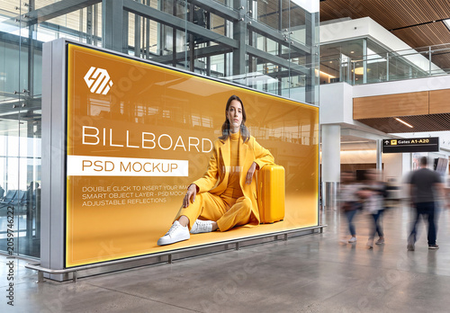 Large Horizontal Billboard in Bright Clean Airport Interior Mockup