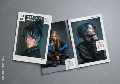 Isolated Magazine Cover and Open Magazine Mockup on Grey Background