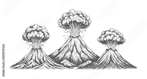 Cuadro en lienzo Three erupting volcanoes with smoke plumes and lava spewing in a vintage style e
