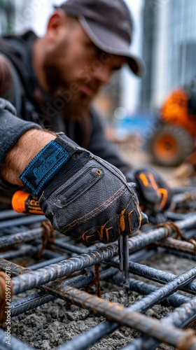 A focused worker ties rebar with pliers against a blurred construction background, highlighting manual labor and infrastructure development.