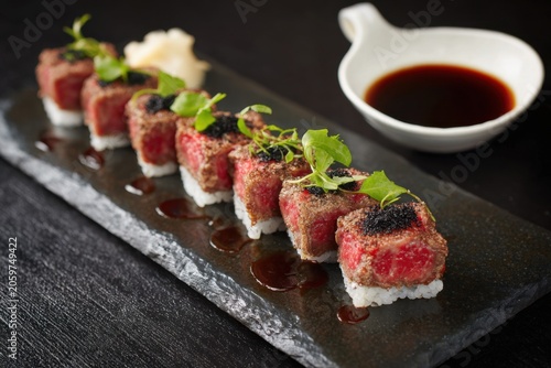 Wagyu beef nigiri sushi with caviar and soy sauce on slate