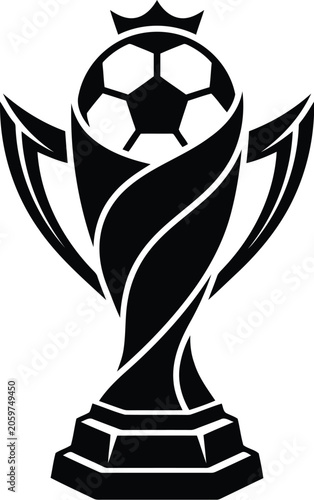 Black soccer trophy icon with a crown and ball
