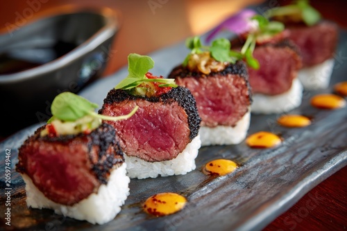 Seared beef nigiri sushi with black crust and garnish
