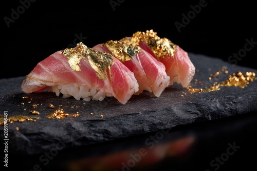 Tuna nigiri sushi with gold leaf on a slate plate