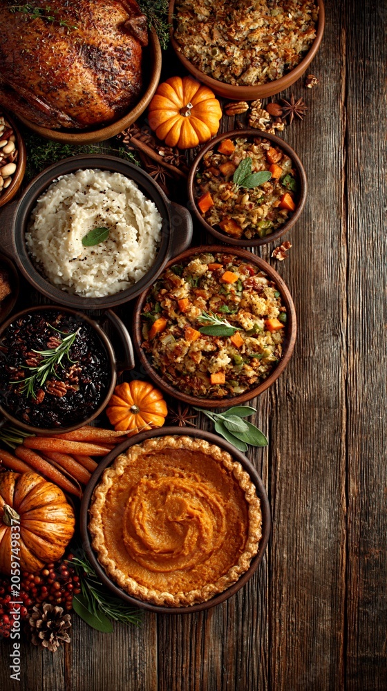 Fototapeta premium A rustic wooden background displays a bountiful harvest feast featuring roasted turkey, stuffing, mashed potatoes, cranberry sauce, and pumpkin pie.