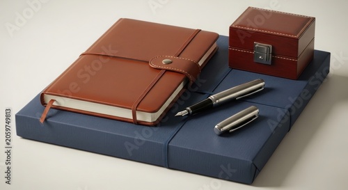 A highangle studio shot of a brown leather notebook, a silver fountain pen with its cap, and a small wooden gift box arranged on a blue base