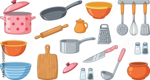 Obraz na płótnie PrintCartoon Kitchenware and Cooking Utensils Vector Set Featuring Pots, Pans, M
