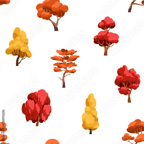 Fall trees seamless pattern. Autumn nature endless background for wallpaper, ...