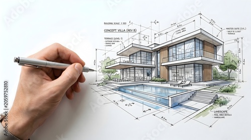 Architectural sketch of a modern villa with pool and hand holding pen