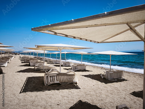 Empty Beach Sunbeds and Umbrellas on a Sunny Coastline