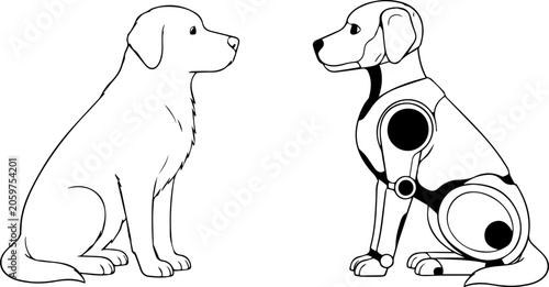 Minimalist outline illustration of a real dog and a robot dog sitting face to face on a white background. Clean black-and-white line art with simple details, ideal for technology