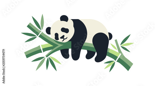 Panda bear climbing on bamboo stalk.