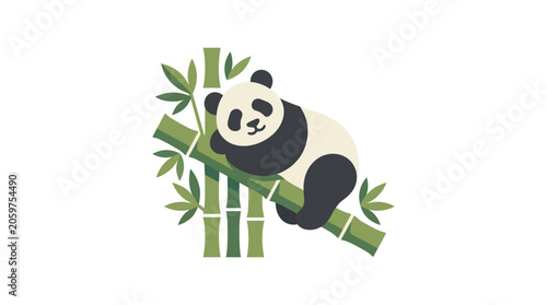 Panda bear climbing bamboo tree branch.