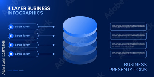 Modern 4 Layer Isometric Cylinder Business Infographic Template with Stacked 3D Discs on Dark Blue Background