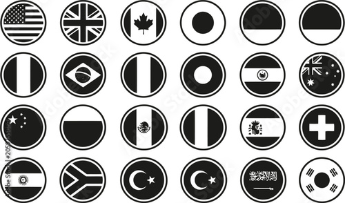 Set of black and white circular world country flag icons