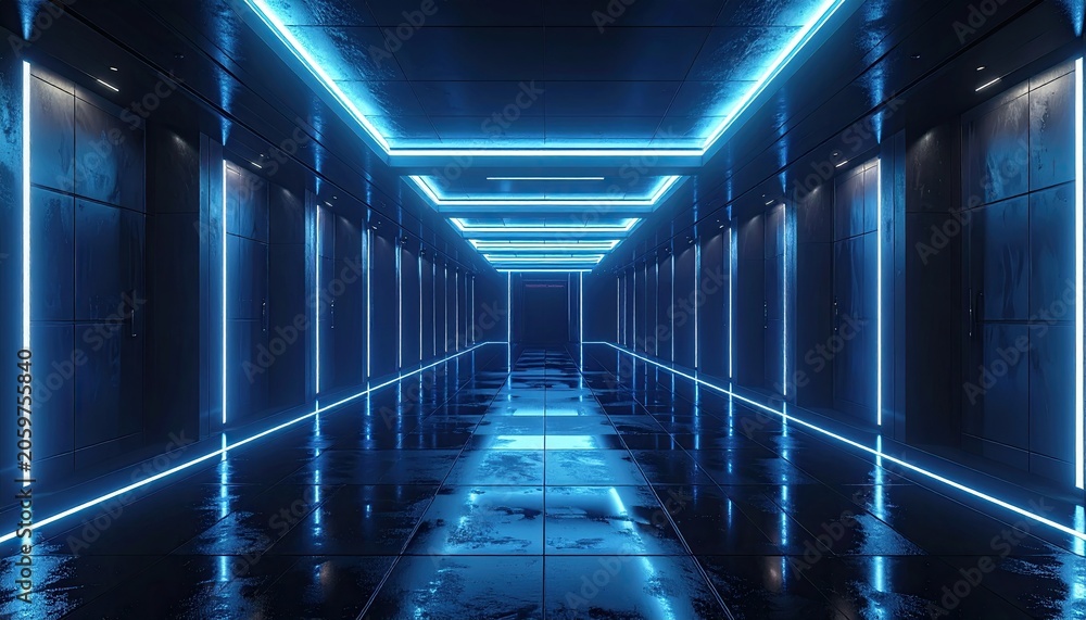 Fototapeta premium Futuristic Neon Blue Corridor with Reflective Floor.