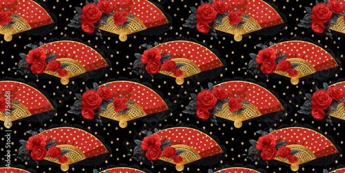 Seamless Spanish pattern featuring flamenco dancer silhouettes, vibrant roses, and intricate lace textures in a passionate color palette.