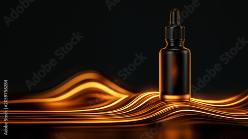 luxury skincare serum bottle floating above abstract orange light sculpture, cosmetic serum bottle with glowing orange abstract light, elegant beauty serum packaging with floating bottle
