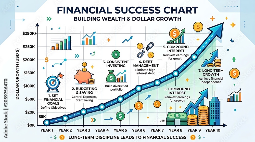 Obraz premium A financial infographic illustrates long-term discipline leads to financial success with a growing dollar growth chart and various icons.