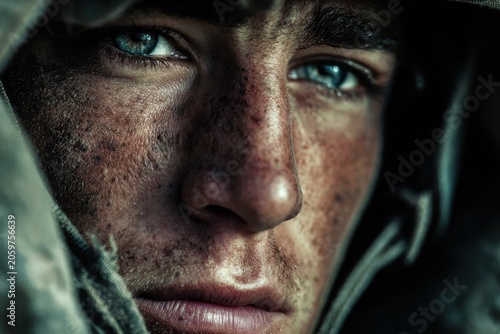 Soldier with dirty face showing courage and determination