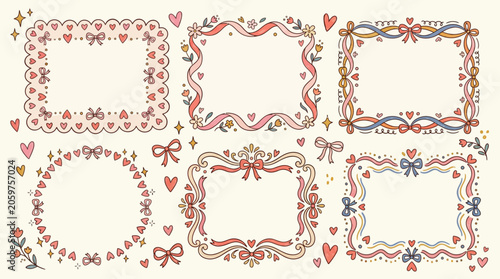 A collection of decorative hand drawn frames with hearts and ribbons