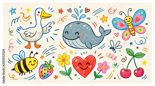 A collection of cute hand drawn animal and nature illustrations for children