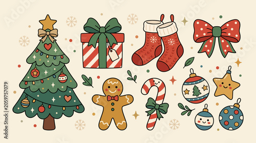 A collection of festive holiday icons and seasonal decorations on a light background