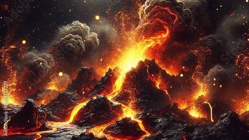 A dramatic blazing orange and yellow flames rising amidst a volcanic eruption. The background is pitch black with glowing lava flows