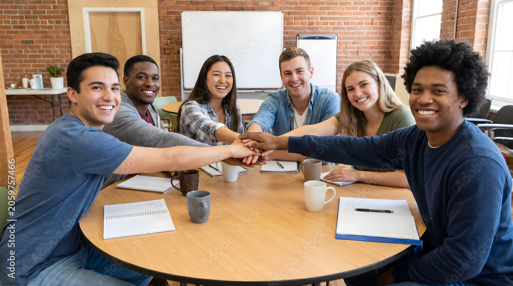 Fototapeta premium Multiracial happy young people stacking hands-Group of diverse friends having fun unity together indoors at table of community-Human resources Concept Creative and Relationship Youth Culture