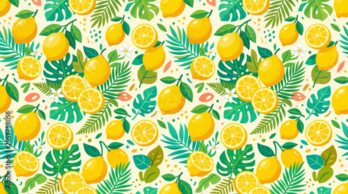 A vibrant seamless pattern featuring fresh yellow lemons and green tropical leaves