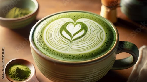 A a matcha latte served in a ceramic mug with a handle. The latte has a smooth vibrant green color with a layer