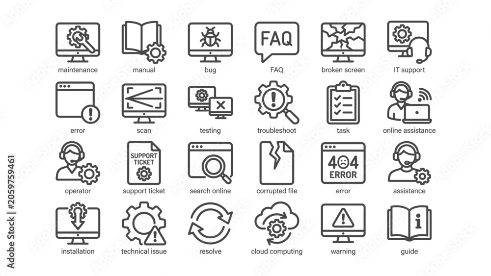 Fototapeta premium Collection of technology and support icons representing computer maintenance troubleshooting and online assistance services