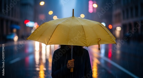 Person with yellow umbrella in the rain City street with reflections Urban lifestyle.