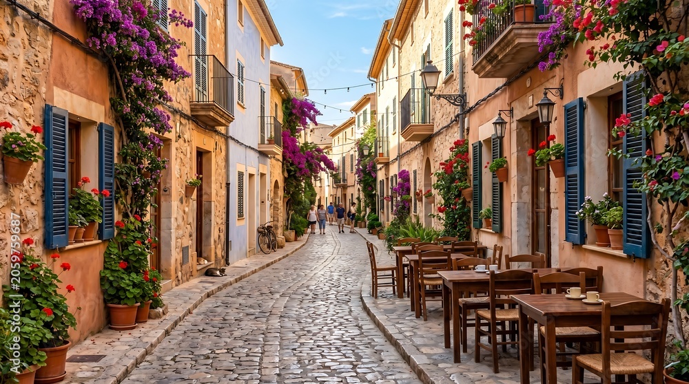 Naklejka premium Charming European cobblestone alley with vibrant flowers and outdoor cafe seating