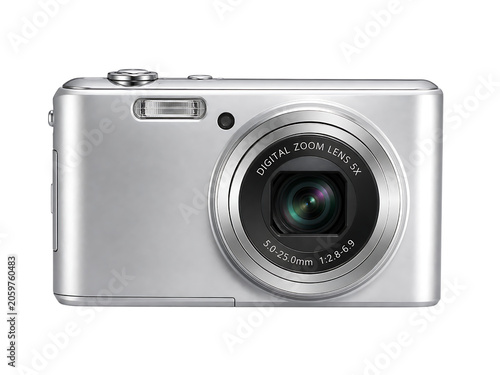 Silver digital camera isolated on transparent background, photography equipment