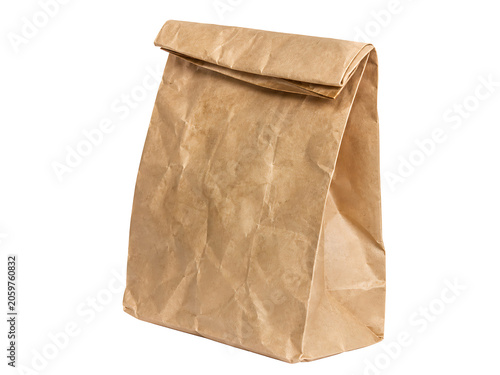 Brown paper lunch bag isolated on transparent background, crumpled takeout packaging