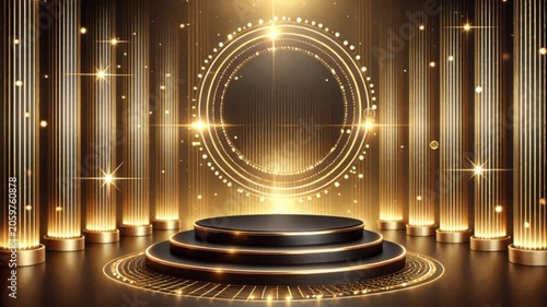 An elegant stage background video featuring a circular black podium with glowing golden illuminated edges. Surrounding the podium are vertical in atmospheric motion