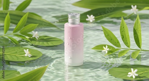 Pink and white cosmetic bottle with water drops with surrounded by leaves and flowers.